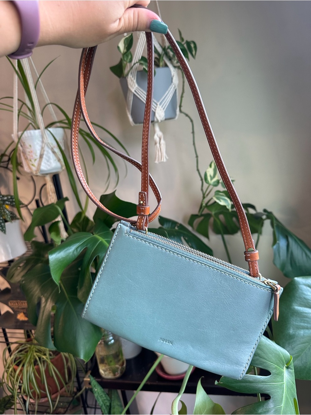 Fossil Blue Leather Double Zip Crossbody Bag Cognac Brown Strap